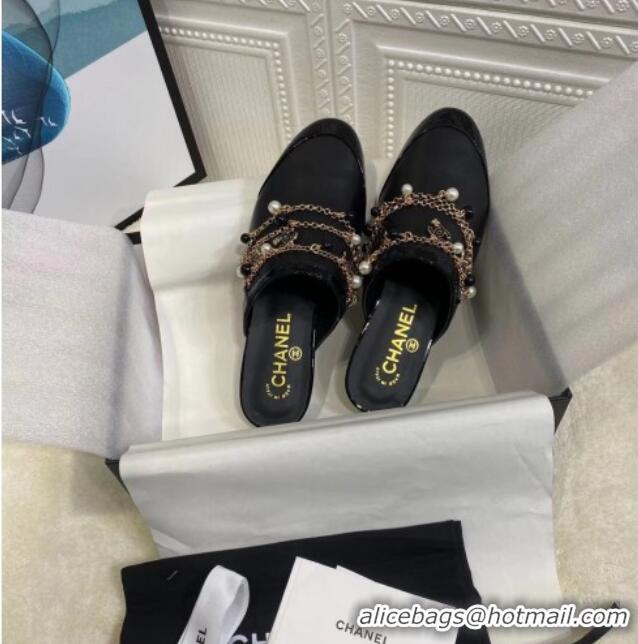 Unique Style Chanel Leather Flat Mules with Chain 010933 Black 2021