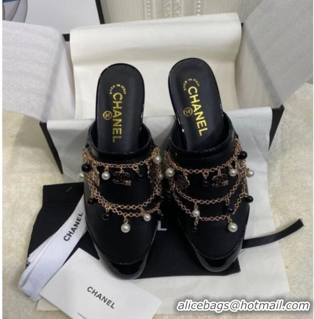 Unique Style Chanel Leather Flat Mules with Chain 010933 Black 2021