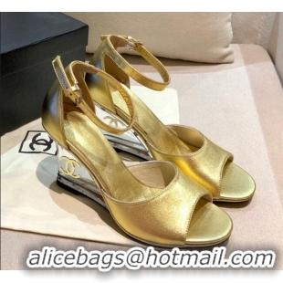 Good Quality Chanel Calfskin Wedge Heel Sandals 010939 Gold 2021