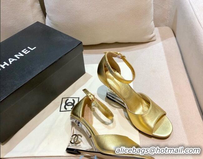 Good Quality Chanel Calfskin Wedge Heel Sandals 010939 Gold 2021