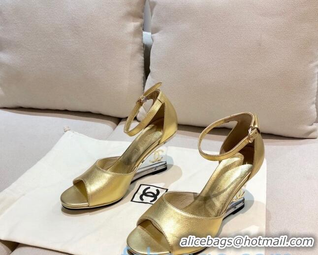 Good Quality Chanel Calfskin Wedge Heel Sandals 010939 Gold 2021