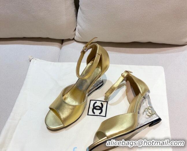 Good Quality Chanel Calfskin Wedge Heel Sandals 010939 Gold 2021