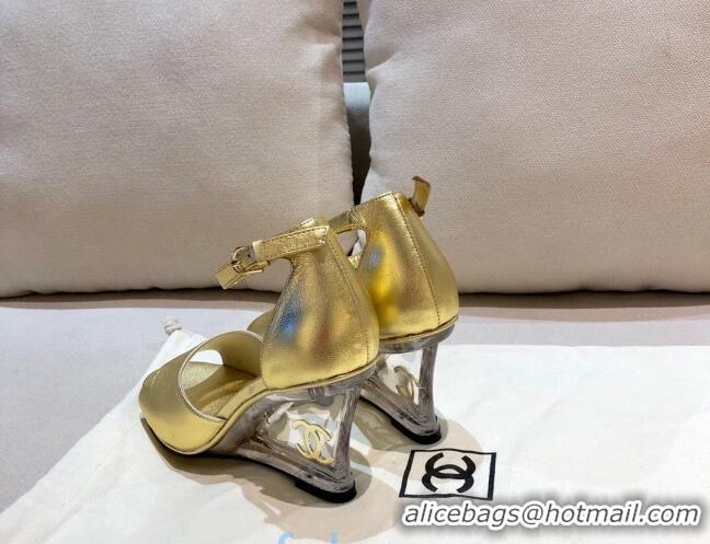 Good Quality Chanel Calfskin Wedge Heel Sandals 010939 Gold 2021