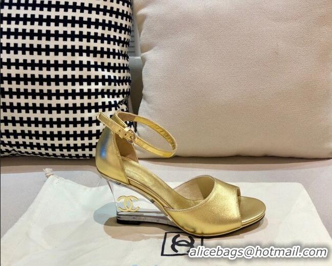 Good Quality Chanel Calfskin Wedge Heel Sandals 010939 Gold 2021