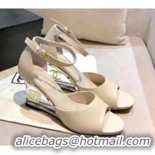 Custom Chanel Calfskin Wedge Heel Sandals 010940 White 2021