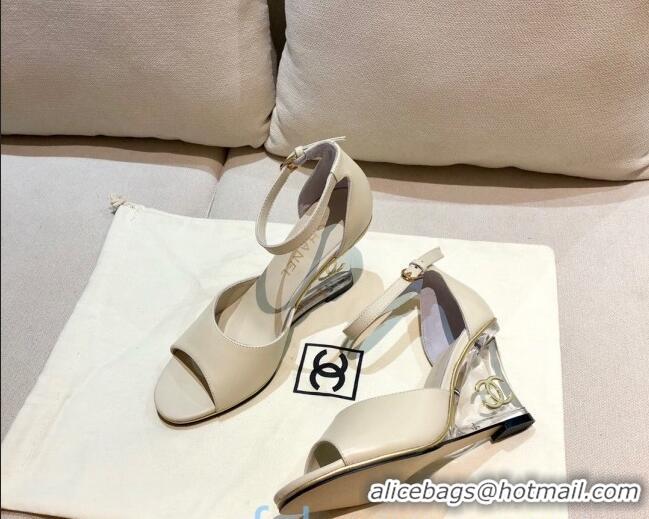 Custom Chanel Calfskin Wedge Heel Sandals 010940 White 2021