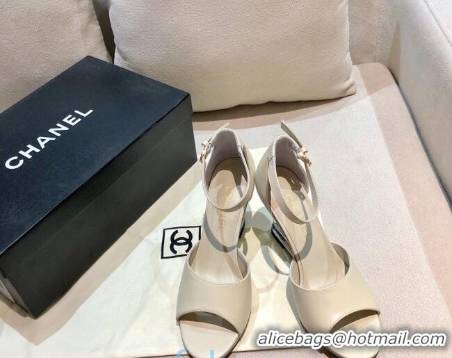 Custom Chanel Calfskin Wedge Heel Sandals 010940 White 2021