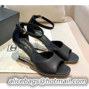 Low Price Chanel Calfskin Wedge Heel Sandals 010940 Black 2021