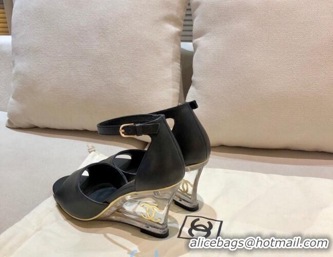 Low Price Chanel Calfskin Wedge Heel Sandals 010940 Black 2021