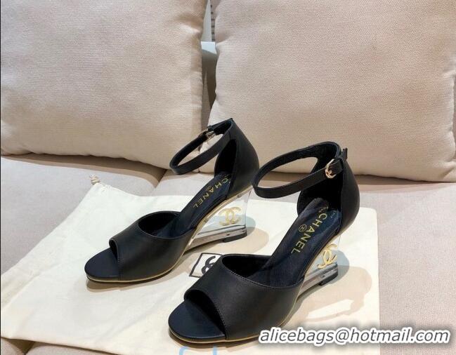 Low Price Chanel Calfskin Wedge Heel Sandals 010940 Black 2021