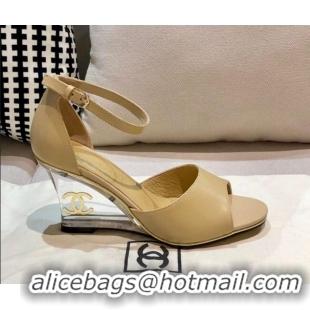 New Style Chanel Calfskin Wedge Heel Sandals 010940 Beige 2021