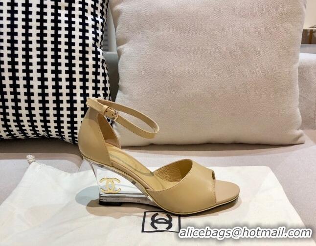 New Style Chanel Calfskin Wedge Heel Sandals 010940 Beige 2021