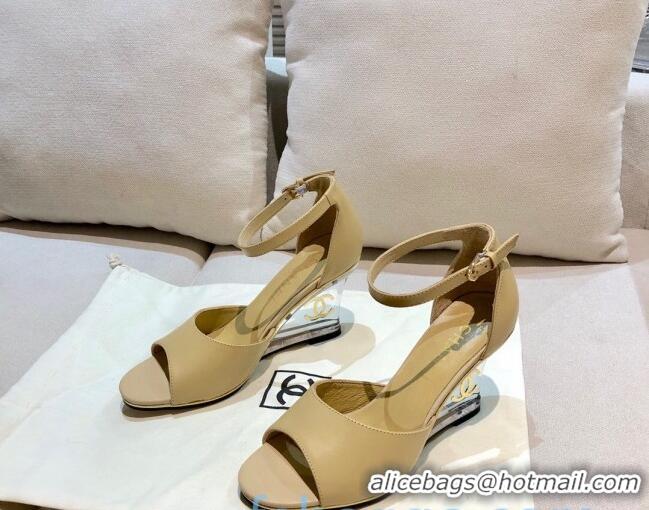 New Style Chanel Calfskin Wedge Heel Sandals 010940 Beige 2021