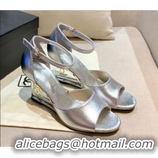 Trendy Design Chanel Calfskin Wedge Heel Sandals 010940 Silver 2021