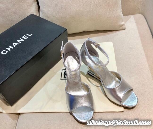 Trendy Design Chanel Calfskin Wedge Heel Sandals 010940 Silver 2021