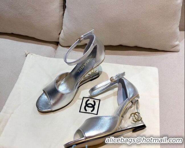 Trendy Design Chanel Calfskin Wedge Heel Sandals 010940 Silver 2021