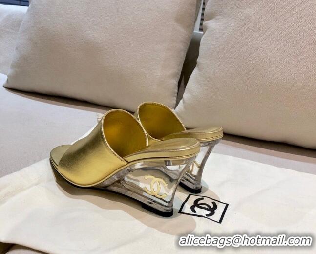 Low Price Chanel Calfskin Wedge Slide Sandals 010947 Gold 2021 