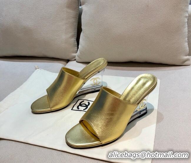 Low Price Chanel Calfskin Wedge Slide Sandals 010947 Gold 2021 