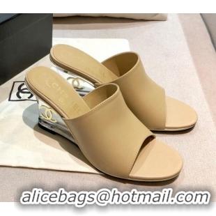 Top Quality Chanel Calfskin Wedge Slide Sandals 010947 Beige 2021 