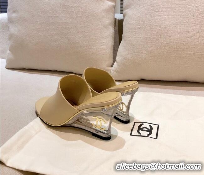 Top Quality Chanel Calfskin Wedge Slide Sandals 010947 Beige 2021 