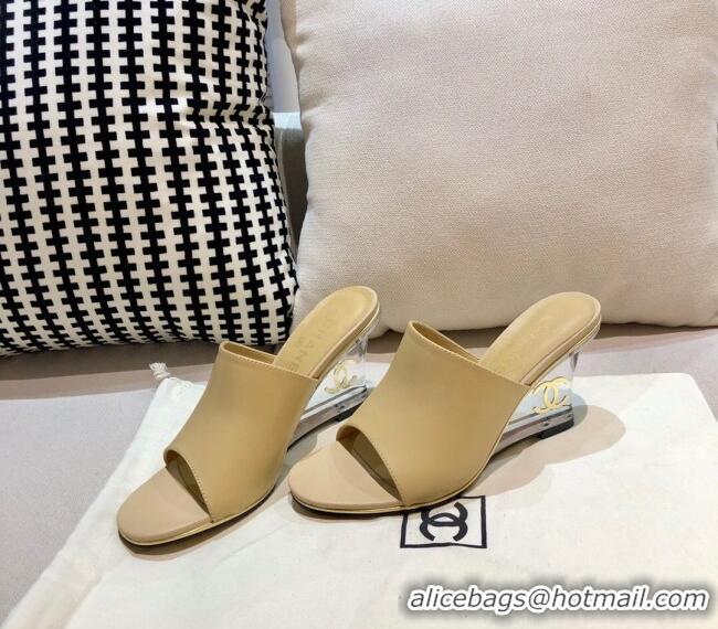 Top Quality Chanel Calfskin Wedge Slide Sandals 010947 Beige 2021 