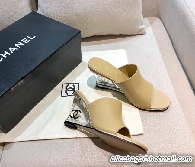 Top Quality Chanel Calfskin Wedge Slide Sandals 010947 Beige 2021 