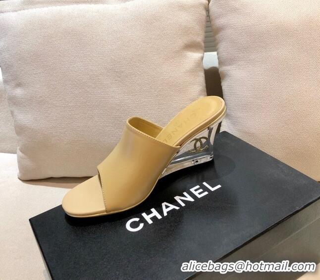 Top Quality Chanel Calfskin Wedge Slide Sandals 010947 Beige 2021 