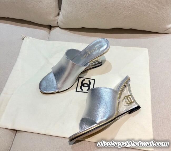 Discount Chanel Calfskin Wedge Slide Sandals 010947 Silver 2021 