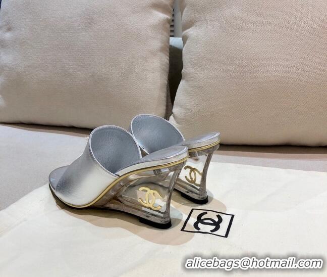 Discount Chanel Calfskin Wedge Slide Sandals 010947 Silver 2021 