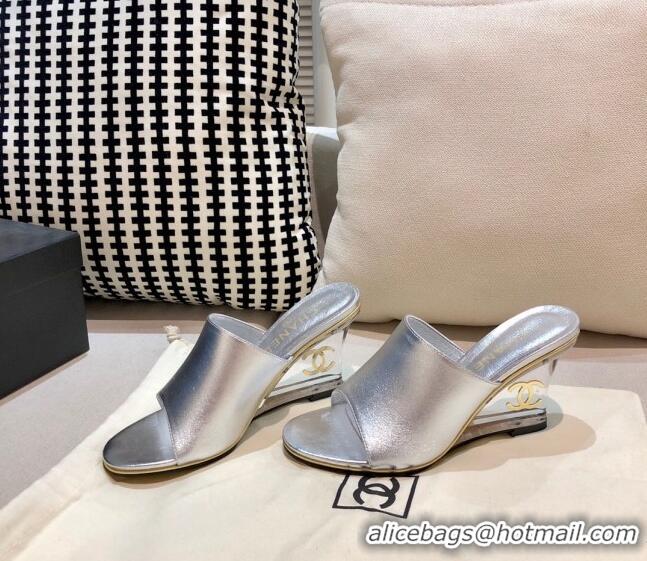 Discount Chanel Calfskin Wedge Slide Sandals 010947 Silver 2021 