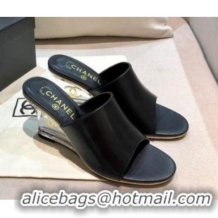 Good Product Chanel Calfskin Wedge Slide Sandals 010947 Black 2021