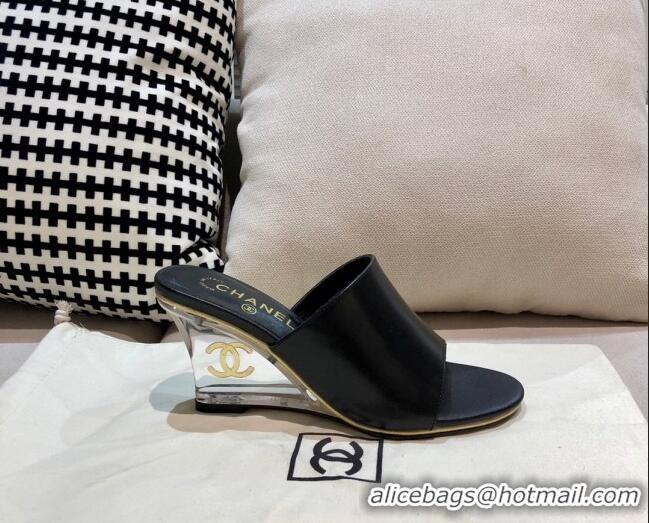 Good Product Chanel Calfskin Wedge Slide Sandals 010947 Black 2021