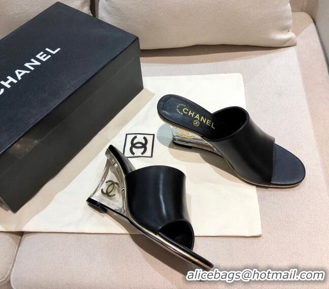 Good Product Chanel Calfskin Wedge Slide Sandals 010947 Black 2021