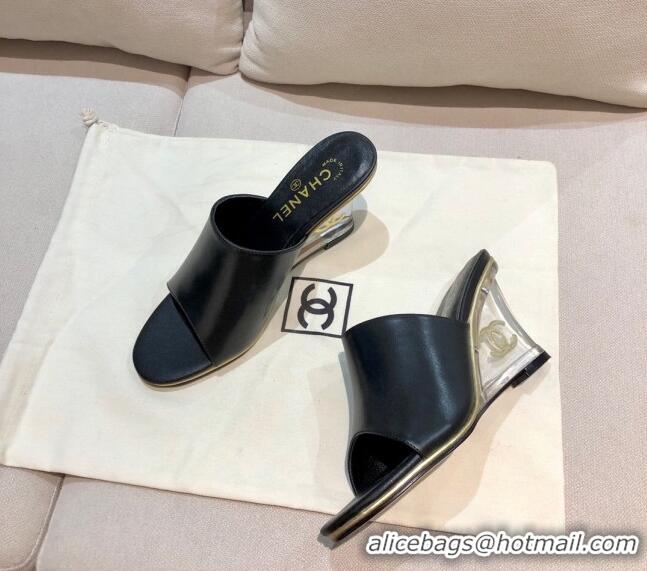 Good Product Chanel Calfskin Wedge Slide Sandals 010947 Black 2021