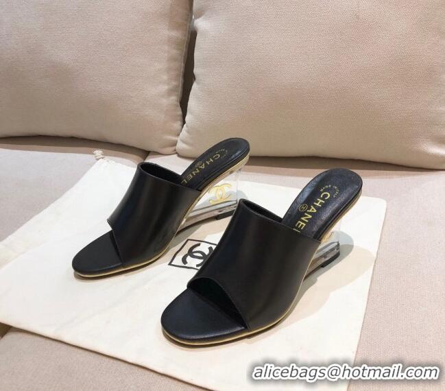 Good Product Chanel Calfskin Wedge Slide Sandals 010947 Black 2021