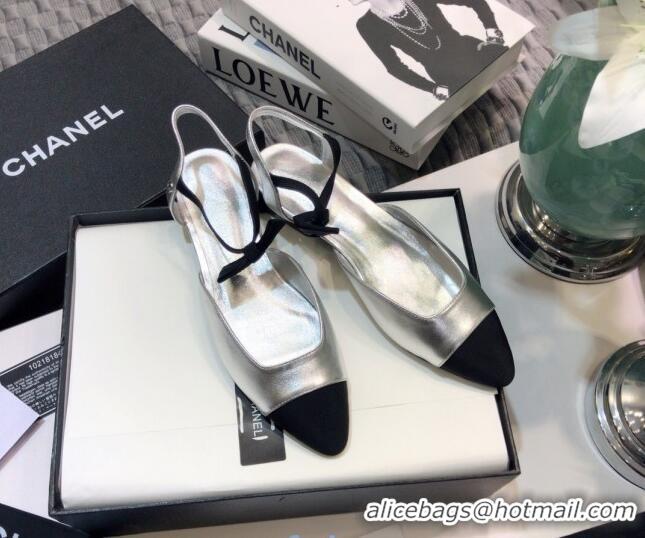 Perfect Chanel Lambskin Flat Mary Janes Slingback with Bow G36361 Silver 2021