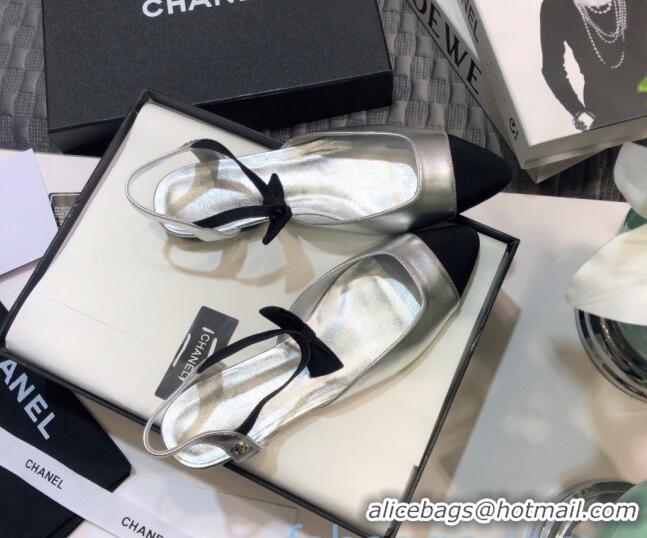 Perfect Chanel Lambskin Flat Mary Janes Slingback with Bow G36361 Silver 2021