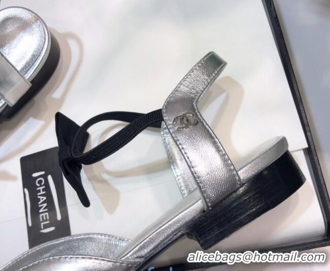 Perfect Chanel Lambskin Flat Mary Janes Slingback with Bow G36361 Silver 2021