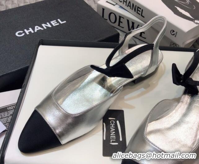 Perfect Chanel Lambskin Flat Mary Janes Slingback with Bow G36361 Silver 2021