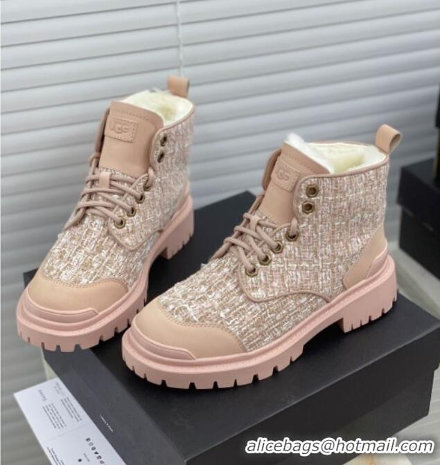 Best Grade Chanel x UGG Suede Check Tweed Wool Short Boots 011159 Nude Pink 2021