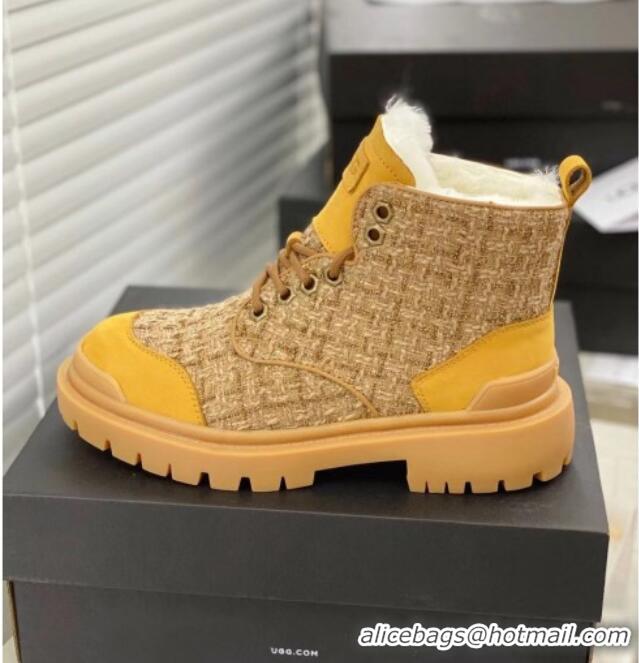 Good Quality Chanel x UGG Suede Check Tweed Wool Short Boots 011159 Yellow 2021