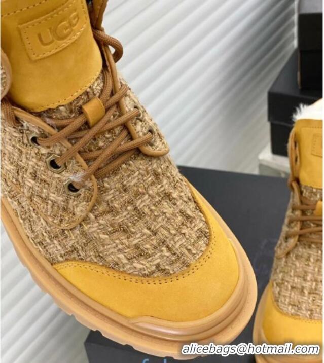 Good Quality Chanel x UGG Suede Check Tweed Wool Short Boots 011159 Yellow 2021