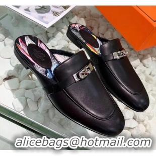 Perfect Hermes Calfskin Oz Mules 033135 Black