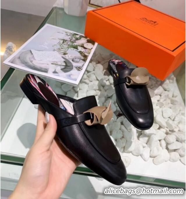 Perfect Hermes Calfskin Oz Mules 033135 Black