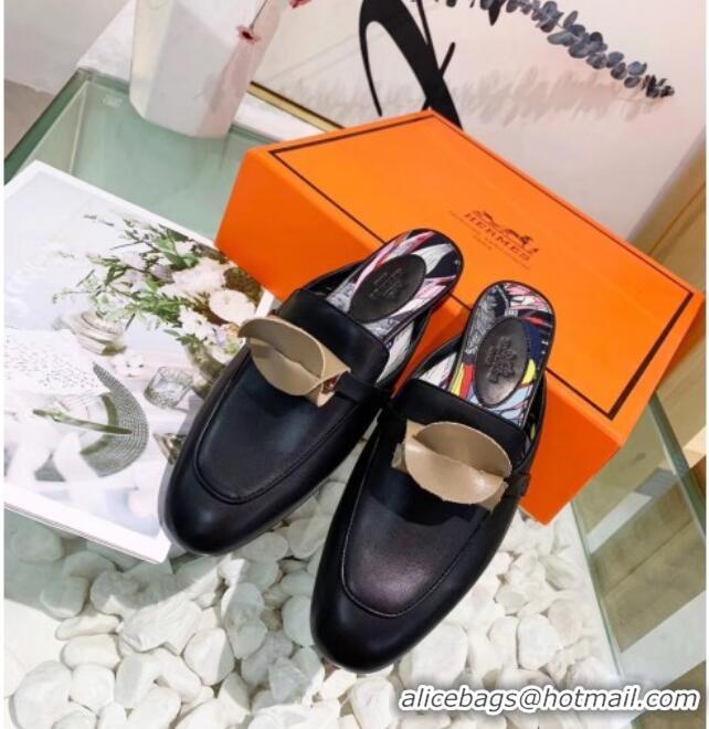 Perfect Hermes Calfskin Oz Mules 033135 Black