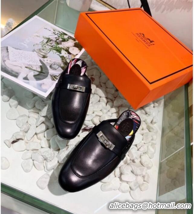 Perfect Hermes Calfskin Oz Mules 033135 Black