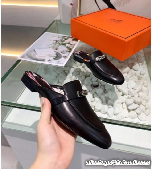 Perfect Hermes Calfskin Oz Mules 033135 Black