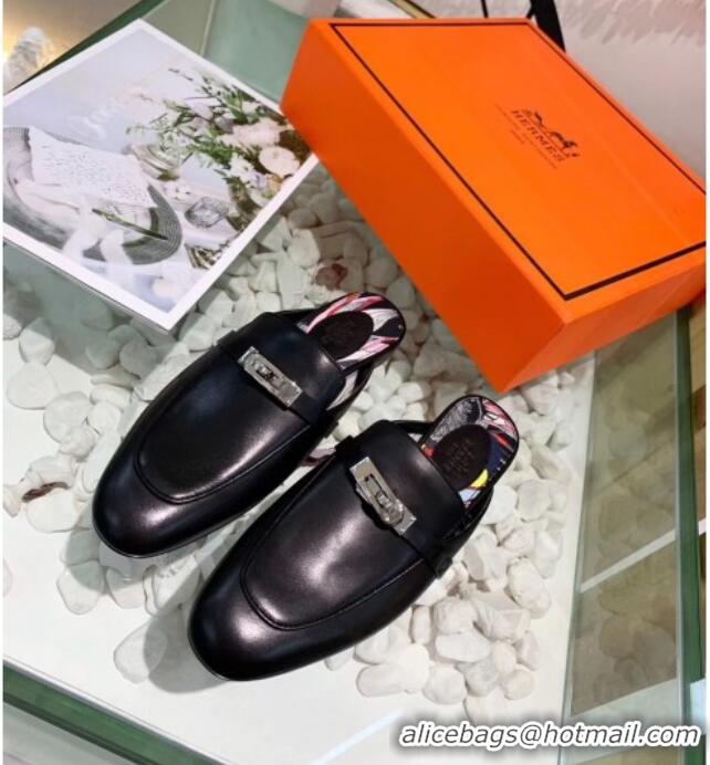 Perfect Hermes Calfskin Oz Mules 033135 Black