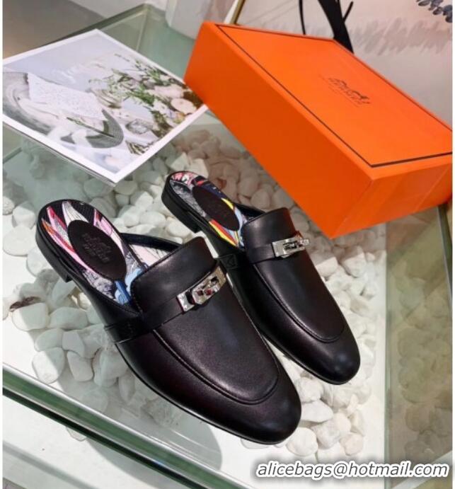 Perfect Hermes Calfskin Oz Mules 033135 Black