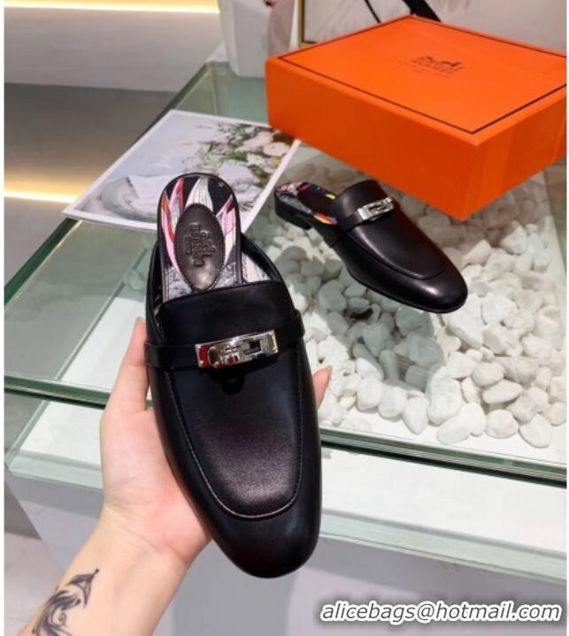 Perfect Hermes Calfskin Oz Mules 033135 Black